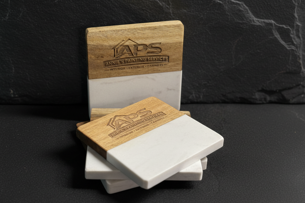 Custom Engraved Wood & Marble Coaster Set of 4